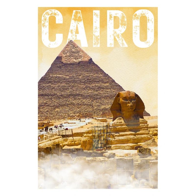 Affiche de voyage vintage du Caire avec pyramide et sphinx