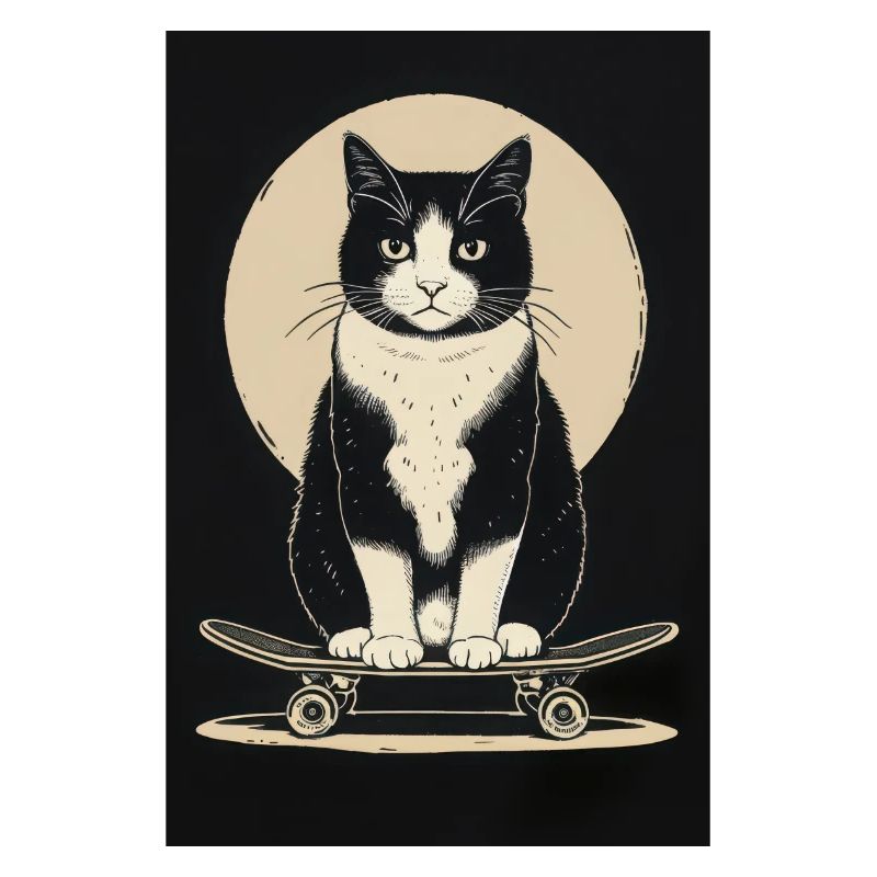 Affiche chat noir sur le skateboard