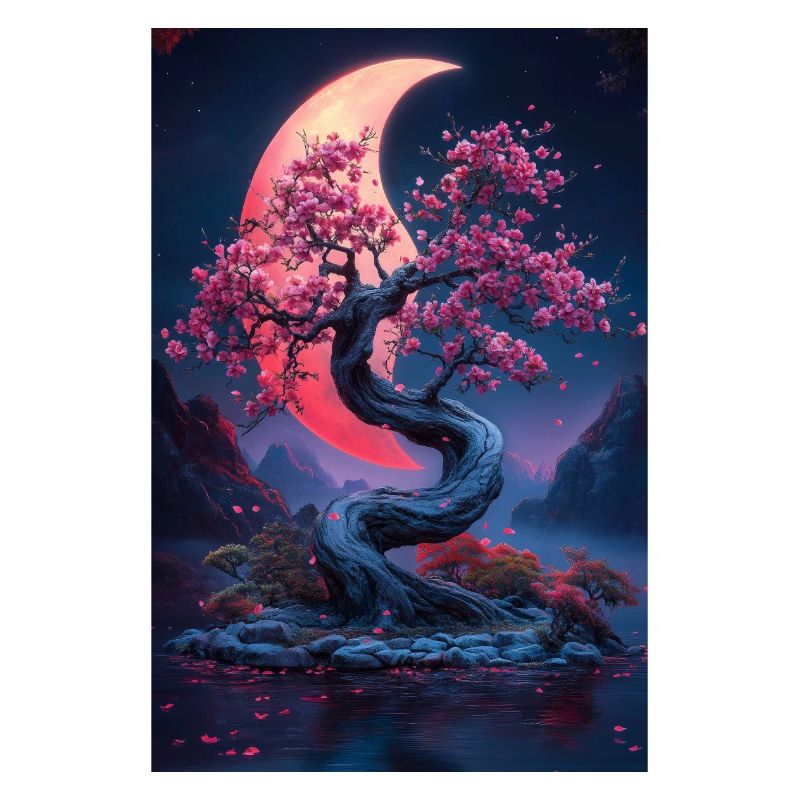 Mondschein Kirschblüten Baumlandschaft