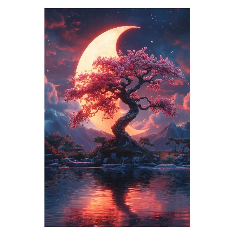 Magical Evening Cherry Tree Crescent Moon Landscape