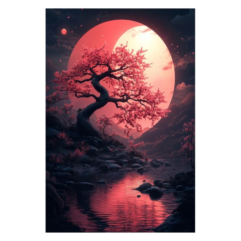 cerisier fleur arbre clair de lune paysage nocturne eau