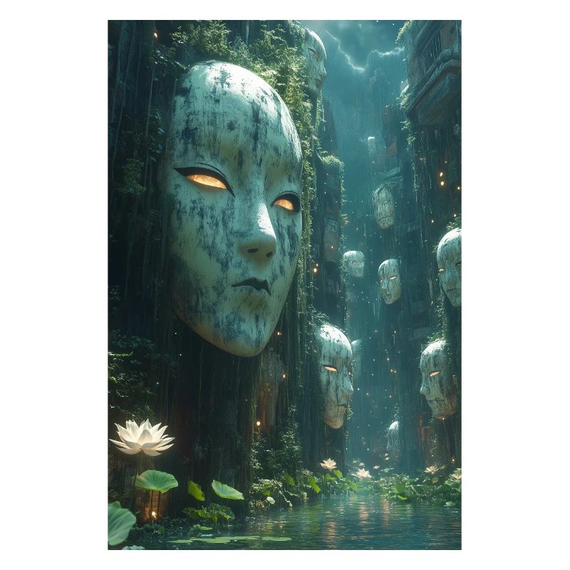 Sculptures de visage de pierre géantes mystiques