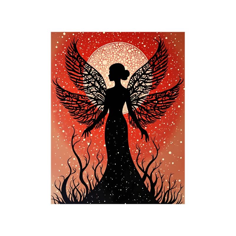 Silhouette d’une fée devant le ciel rouge avec la lune