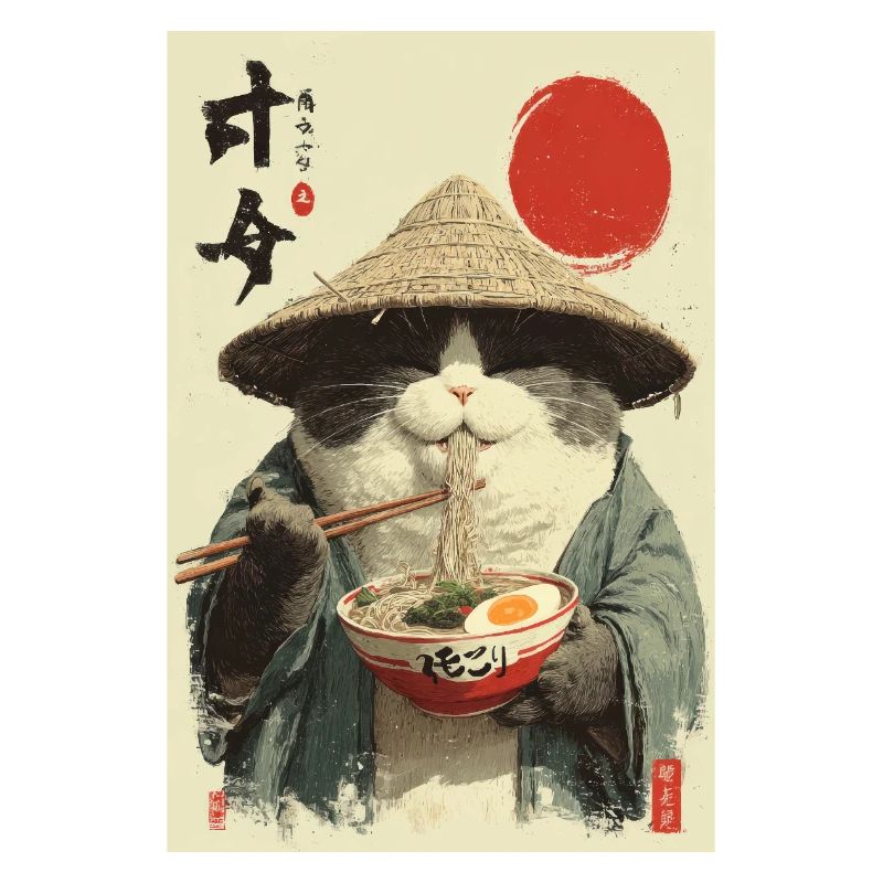 Chat samouraï mangeant des ramen