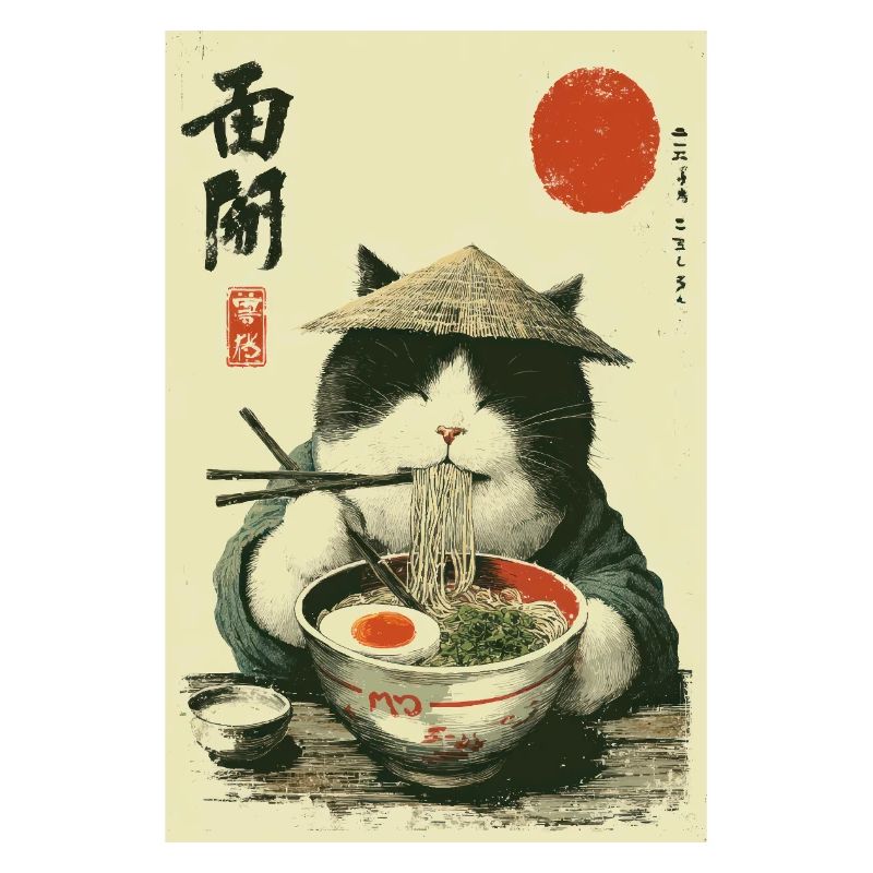 Chat samouraï dégustant des ramen