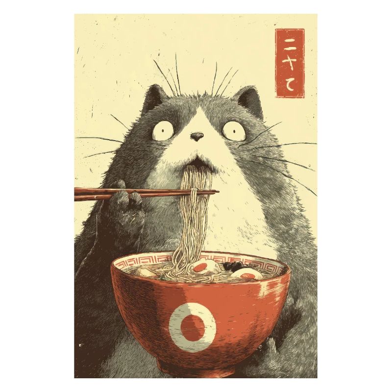 Chat choqué mangeant des ramen