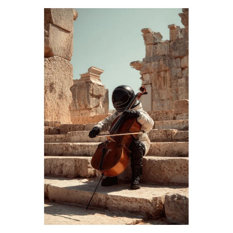 Futuristic Astronaut Playing Cello on Ancient Step