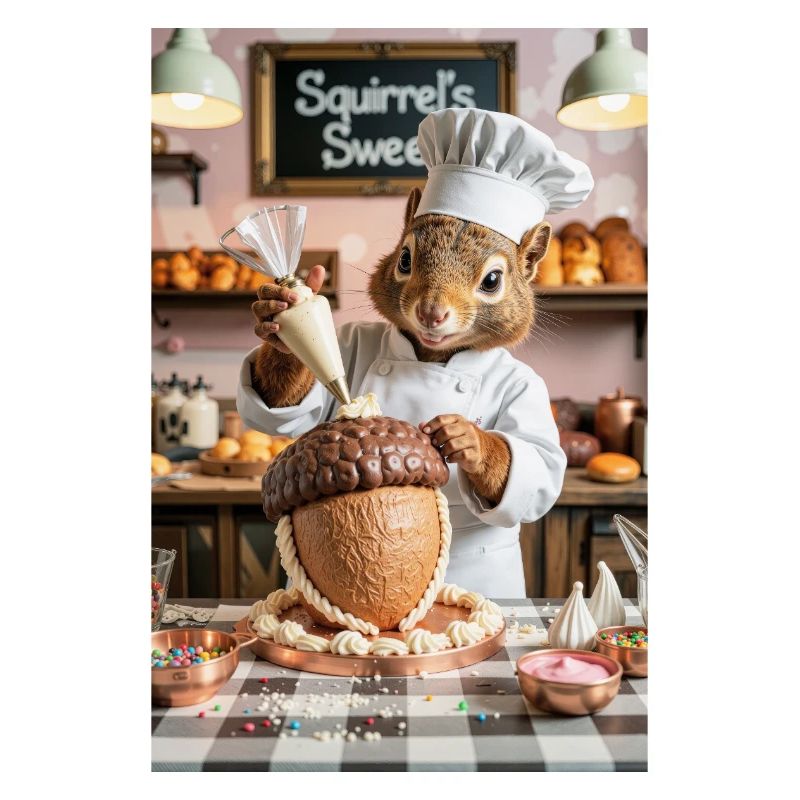 Chef écureuil humanoïde avec gâteau au chocolat