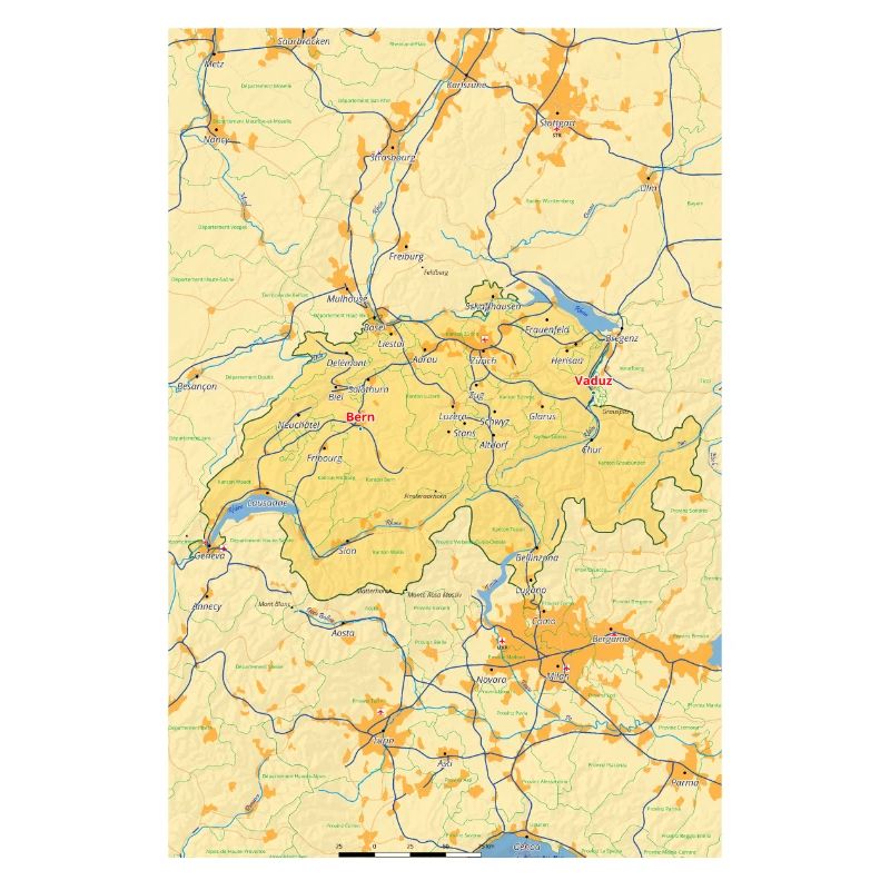 Schweiz kort med byer, veje, floder, søer