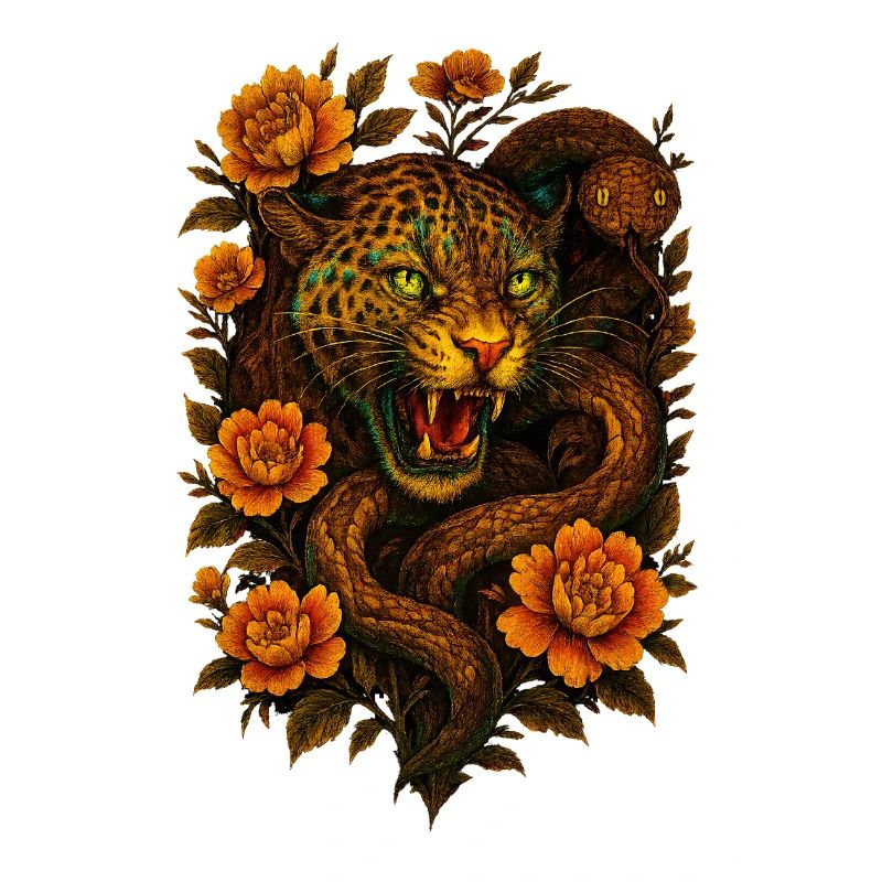 Hissing leopard & snake in retro design