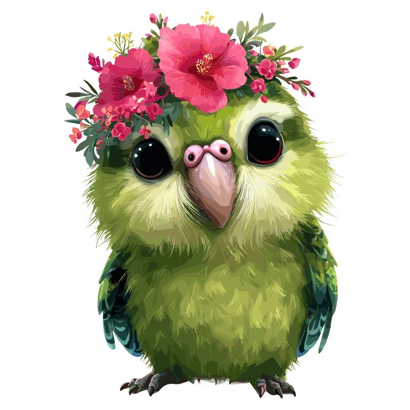 Perroquet de printemps avec couronnes de fleurs