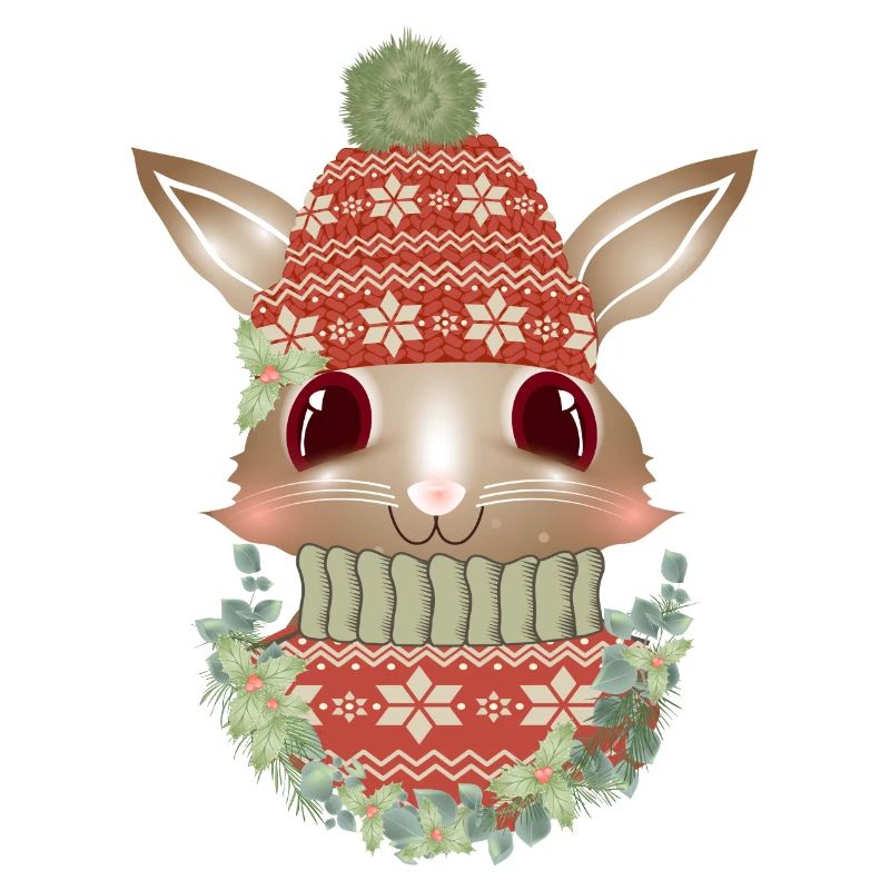 lapin brun avec pull, bonnet et couronne