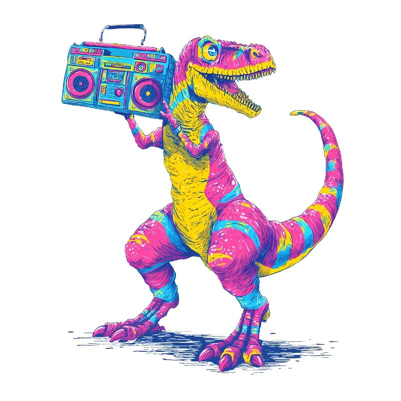 T-Rex with a ghetto blaster in 90s neon style