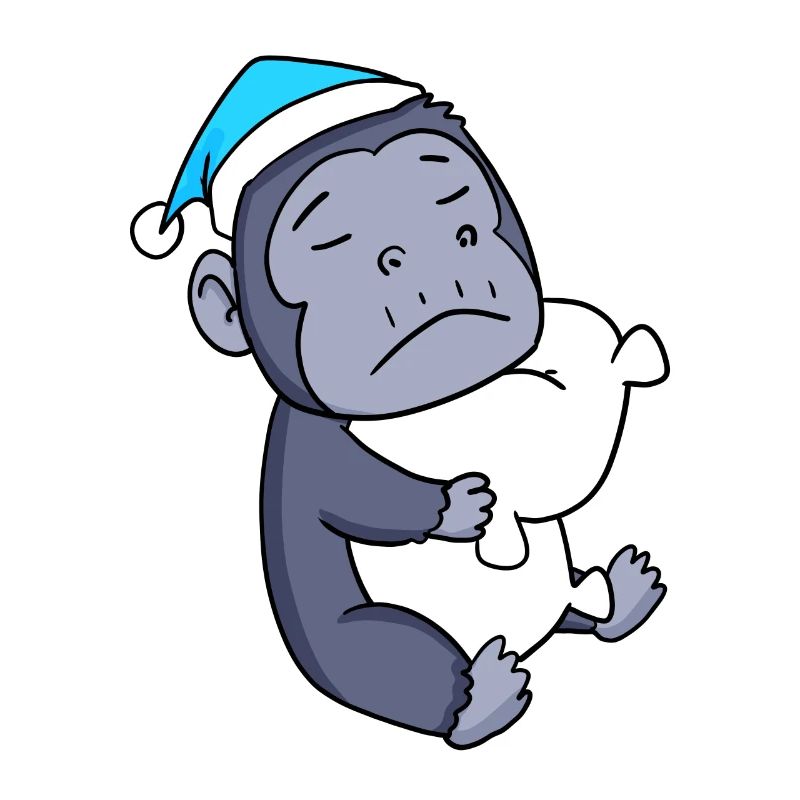 Gorilla with pillow and sleeping cap