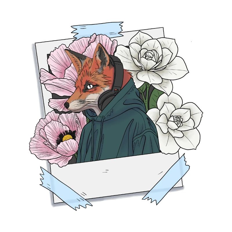 Fuchs mit Kopfhörern und Blumenthema
