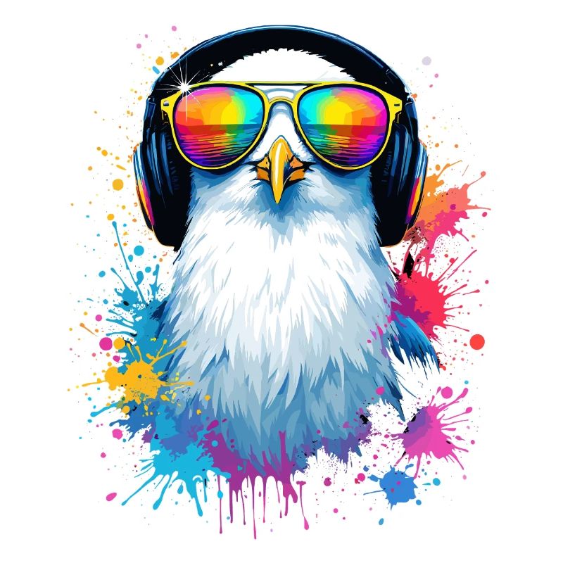 Bunte Möwe Vogel mit Kopfhörer Sonnenbrille