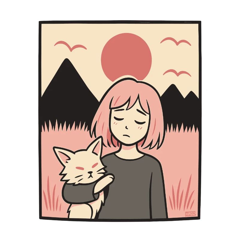 Fille avec un chat devant les montagnes