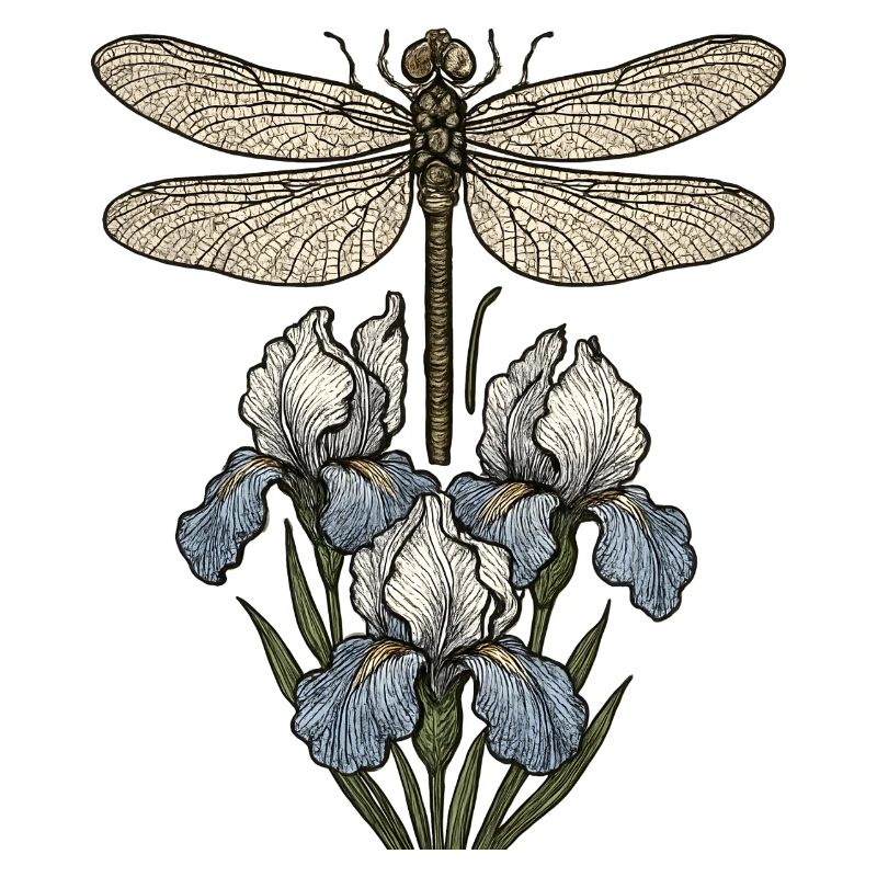 Libellule sur fleurs d’iris
