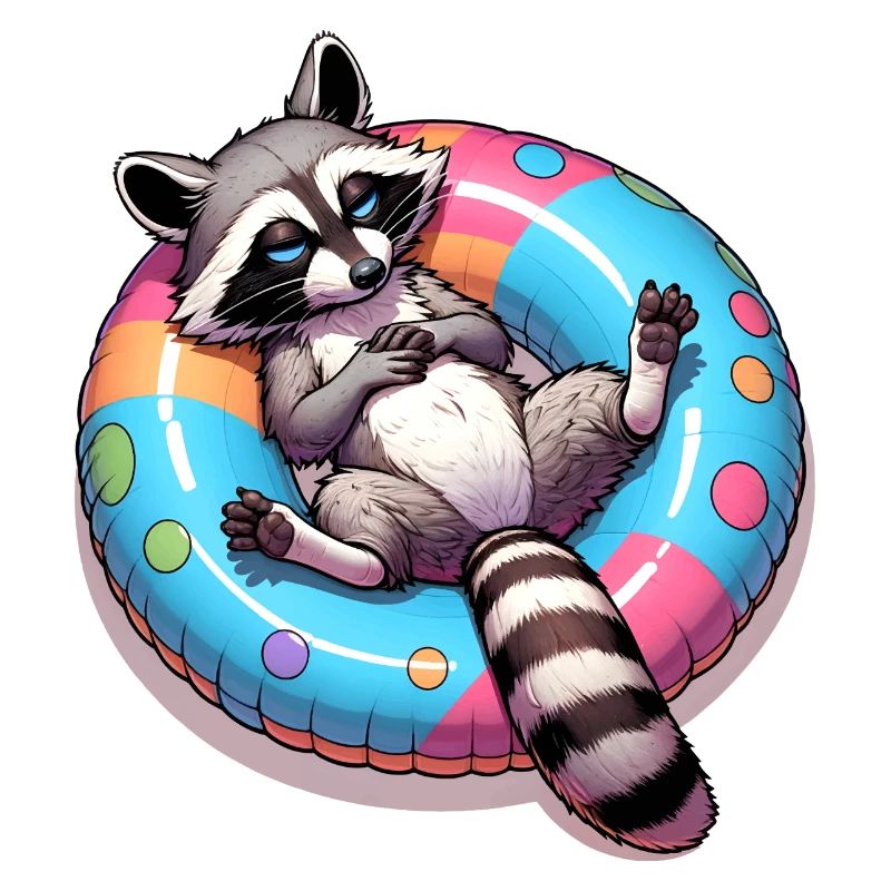 A relaxed raccoon on a swimming ring