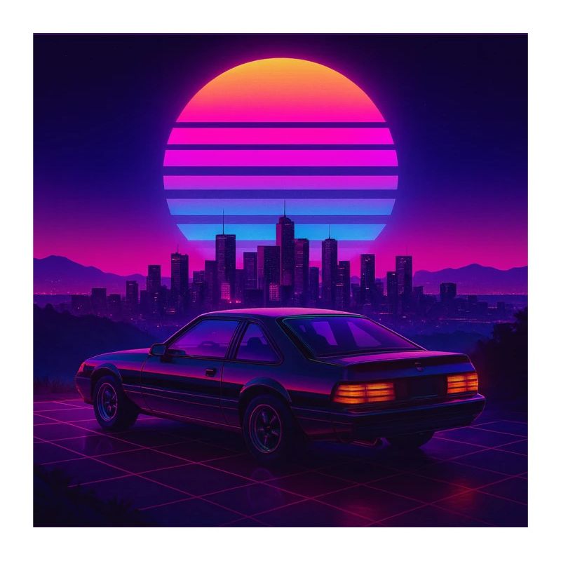 Neon Outrun Sunset Car – Retro Synthwave