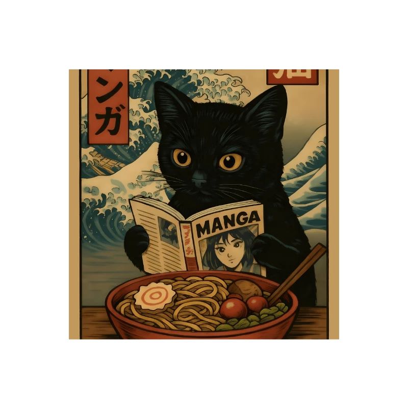 Cat lit des mangas mangeant Ramen Wave