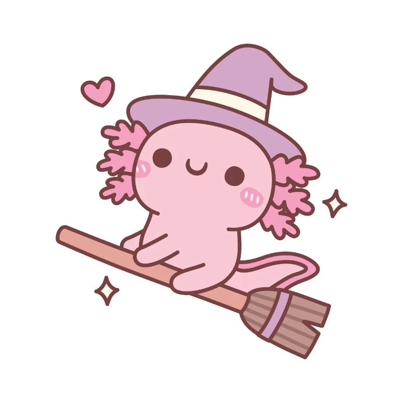 Cute Axolotl Witch On Flying Broom