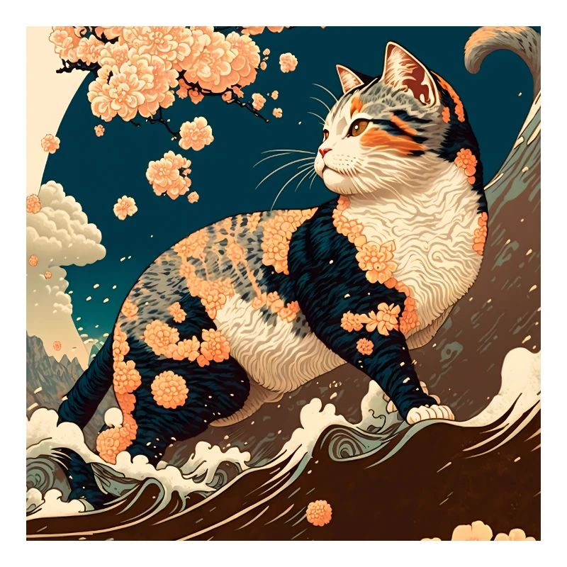Paysage de plage d’Ukiyo avec chat