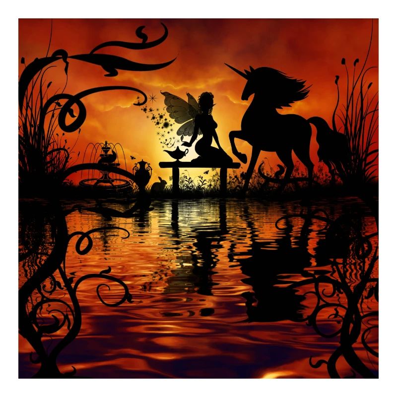 Wunderbare Fee mit Einhorn im Sunet.