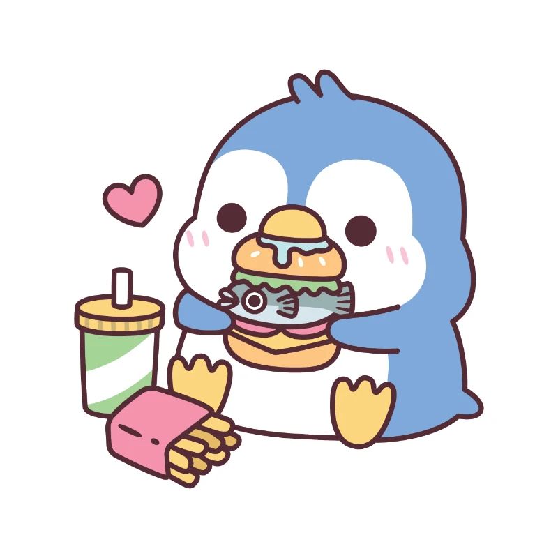 Cute Blue Penguin Eating Fish Burger