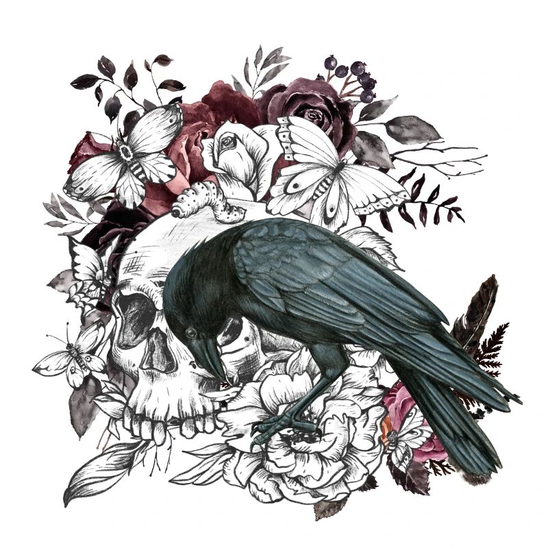 Floral, Gothic Skull and Raven, Whimsigoth