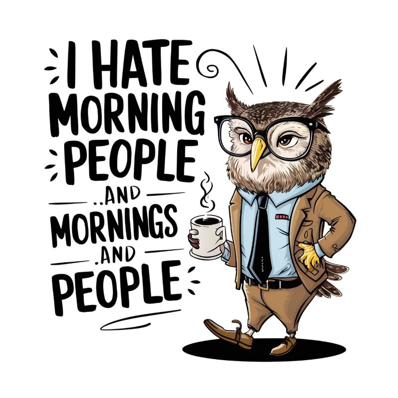 Grumpy owl with funny coffee drinking saying