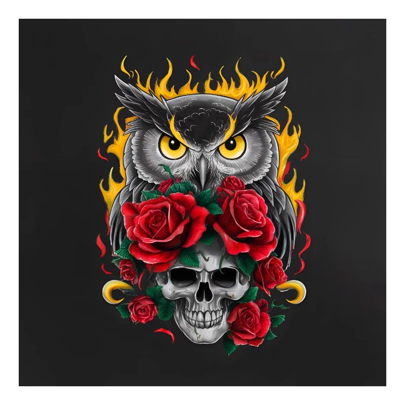 Unheimliche Eule mit Rosenblüten und Skull