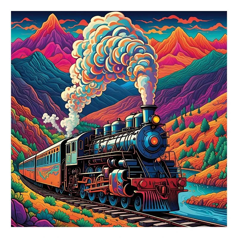 Bunter nostalgischer Eisenbahnzug mit Dampflok