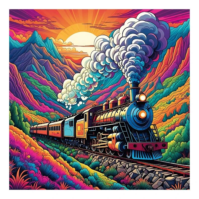 Bunter nostalgischer Eisenbahnzug mit Dampflok