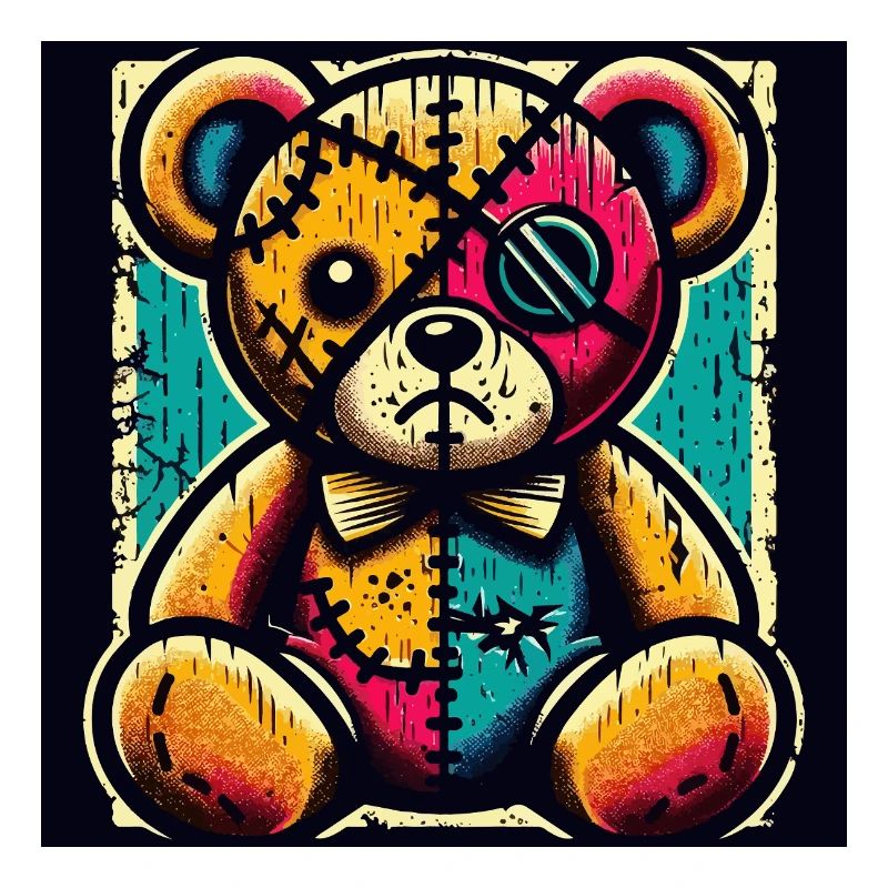 Patchwork bear art with vintage charm