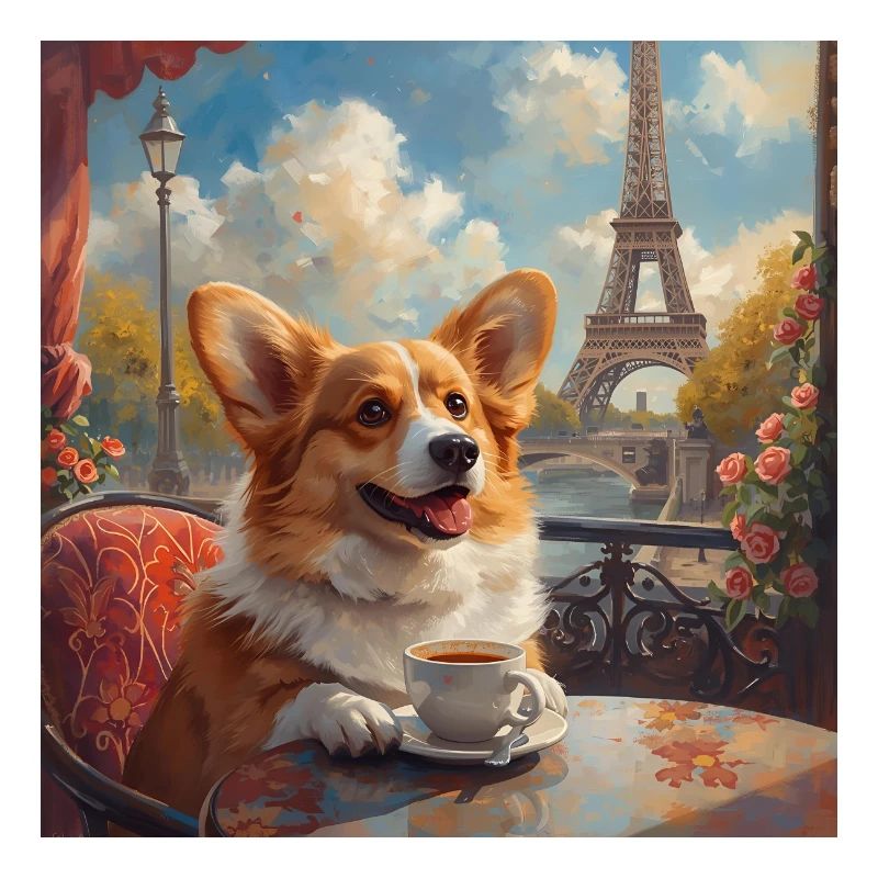 Corgi buvant du café devant la Tour Eiffel à Paris
