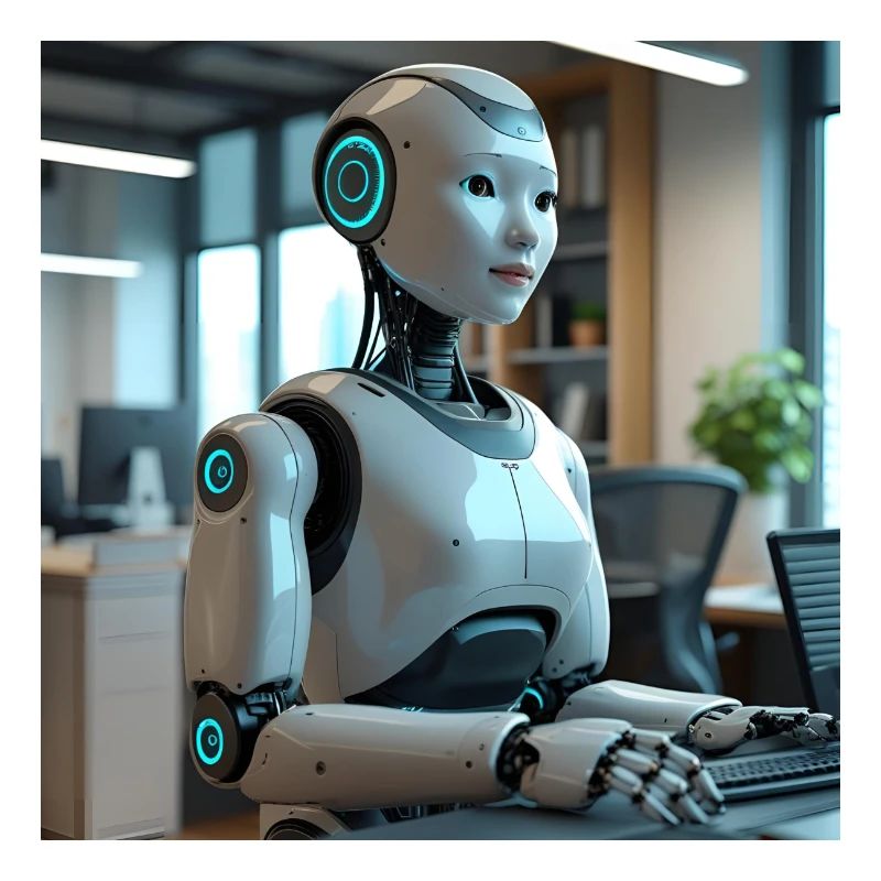 Robot humanoïde dans un bureau bleu