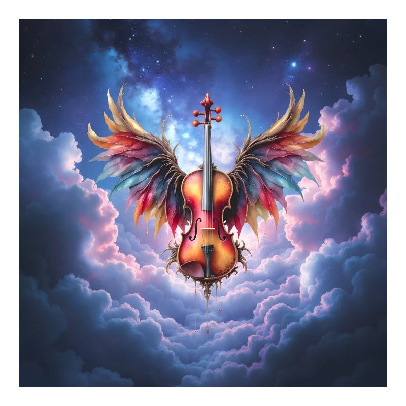 Winged Violin in Rainbow Clouds