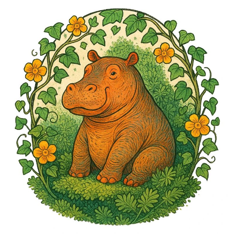 Whimsical Hippo in Ivy Circle