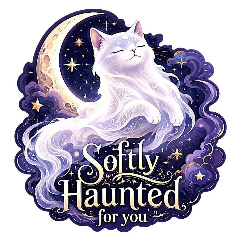Softly Haunted White Moon Cat Gothic Celestial