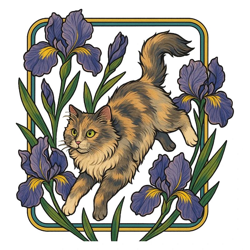 Chat élégant parmi les fleurs d'iris