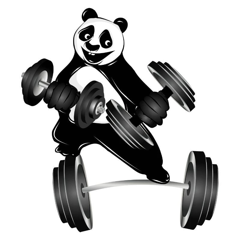 Bodybuilder panda bear with dumbbells while exercising