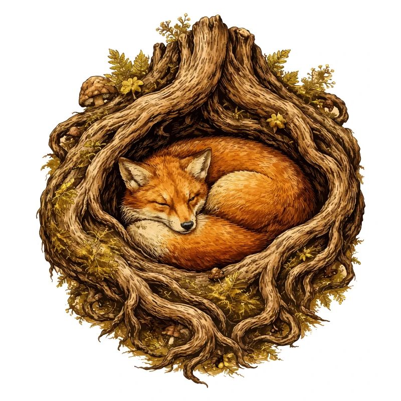 Sleeping fox in the root structure – forest motif