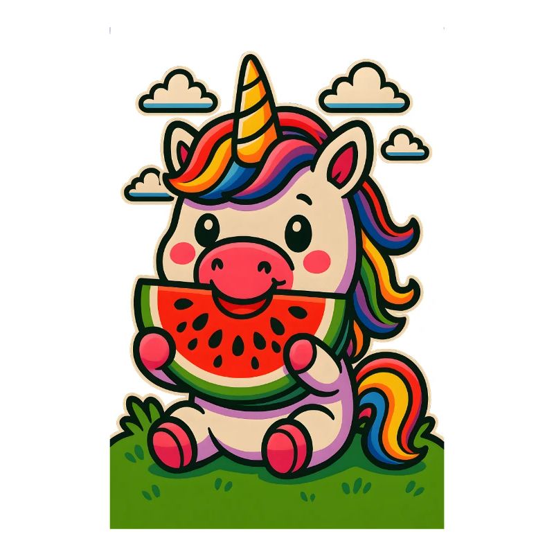 Licorne arc-en-ciel mangeant de la pastèque