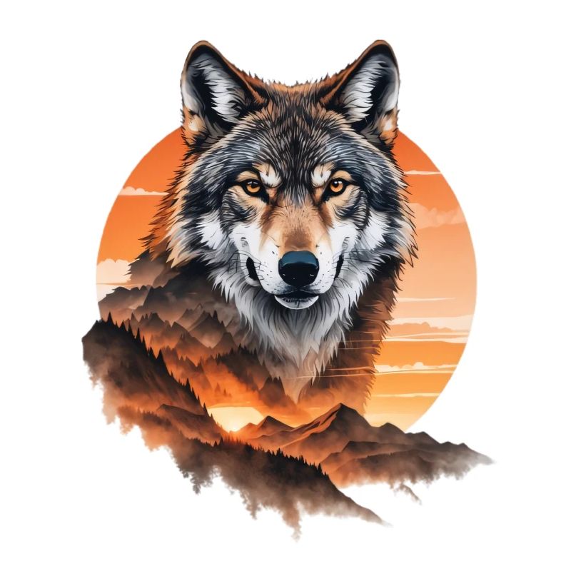 Wolf im Abendrot über Bergen