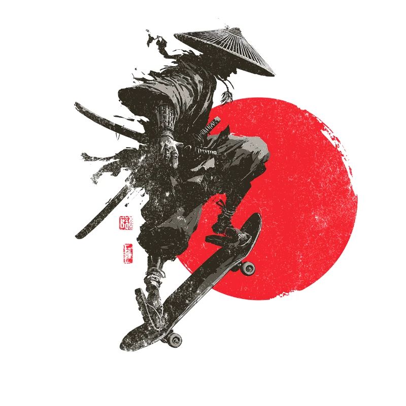 Silhouette eines Samurai-Skaters mit roter Sonne