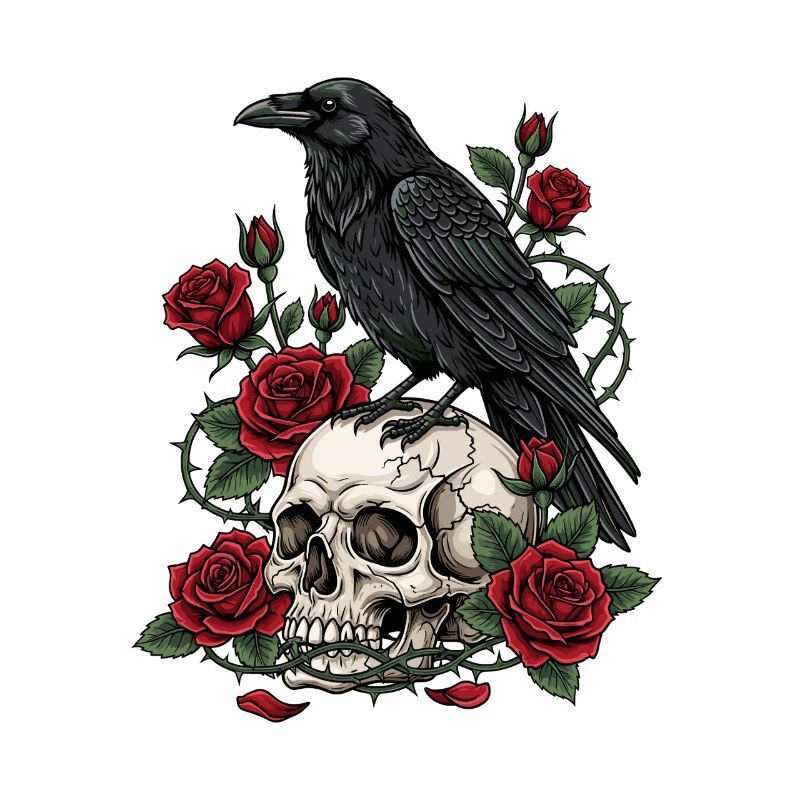 Mitternachtskrähe auf Totenkopfrosen