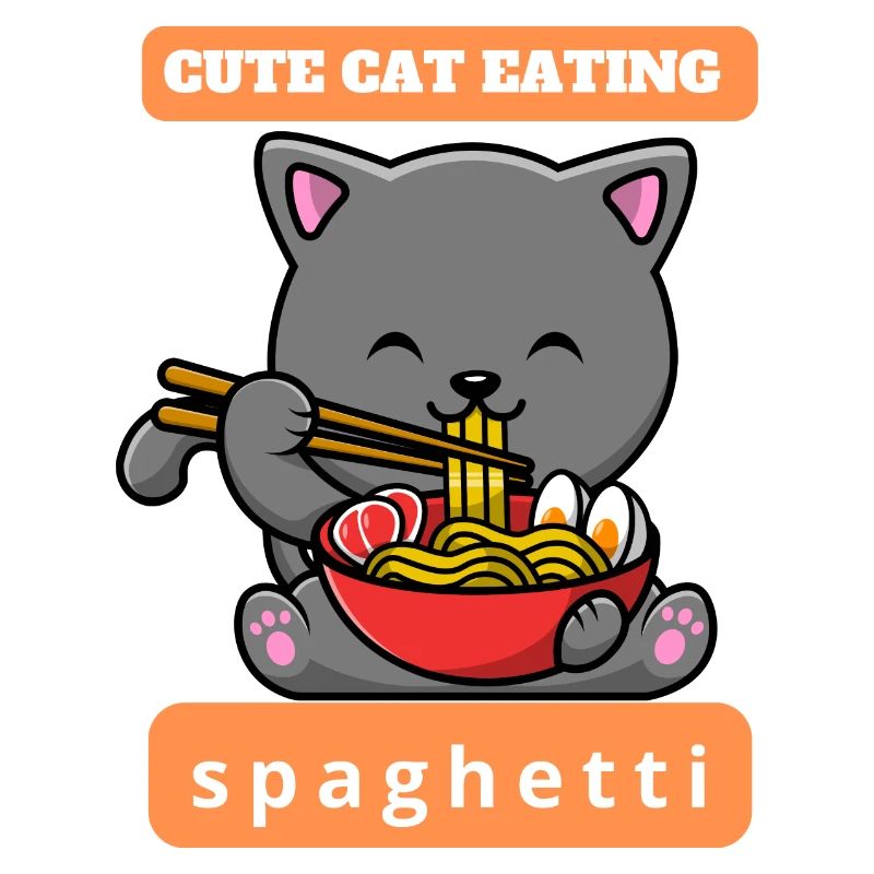 Funny cat eats spaghetti