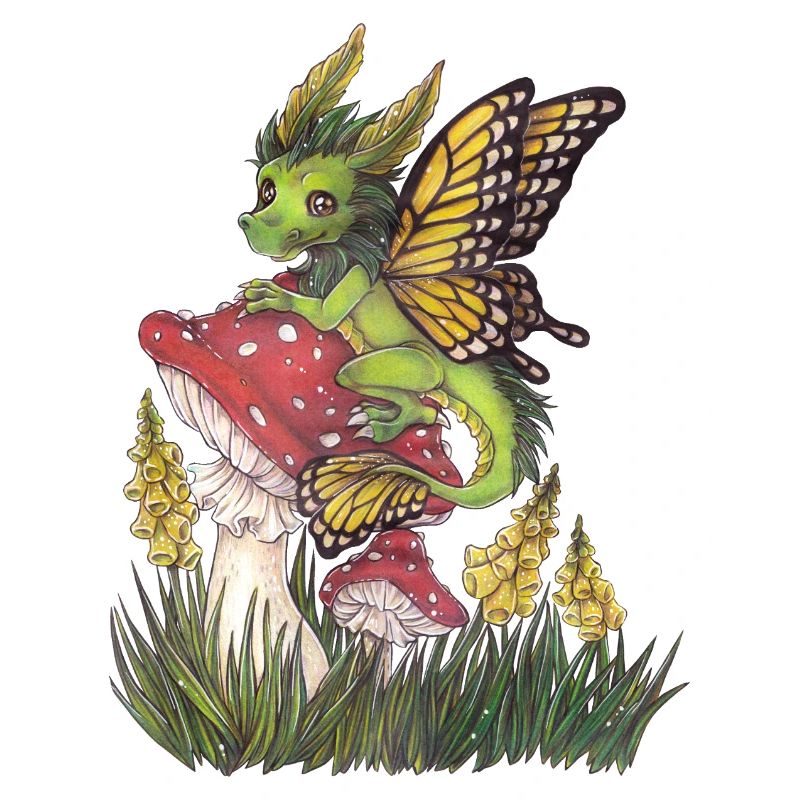 Forest Dragon on Toadstool Cute Butterfly