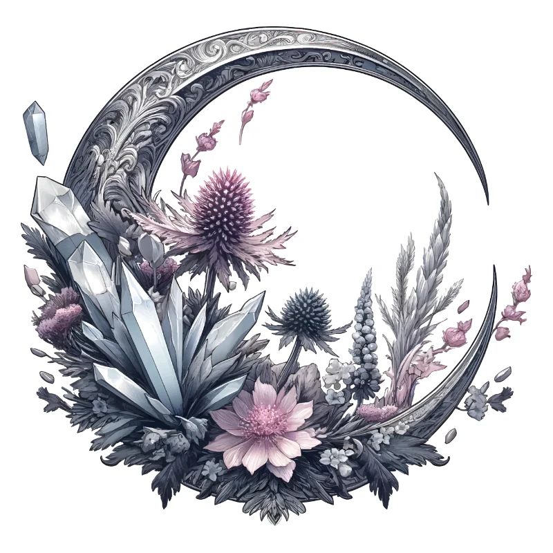 Crescent Moon in Silver, with Crystals and Flowers